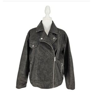 Universal Thread Womens Moto Jacket XL Washed Black Faux Leather Biker Coat NWT